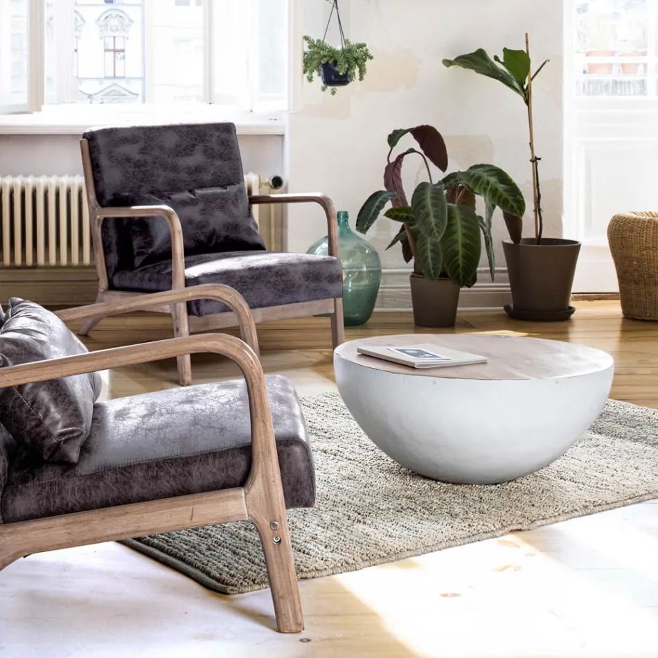 Table basse ronde en bois recyclé et acier blanc ou gris - Genoveffa Viadurini