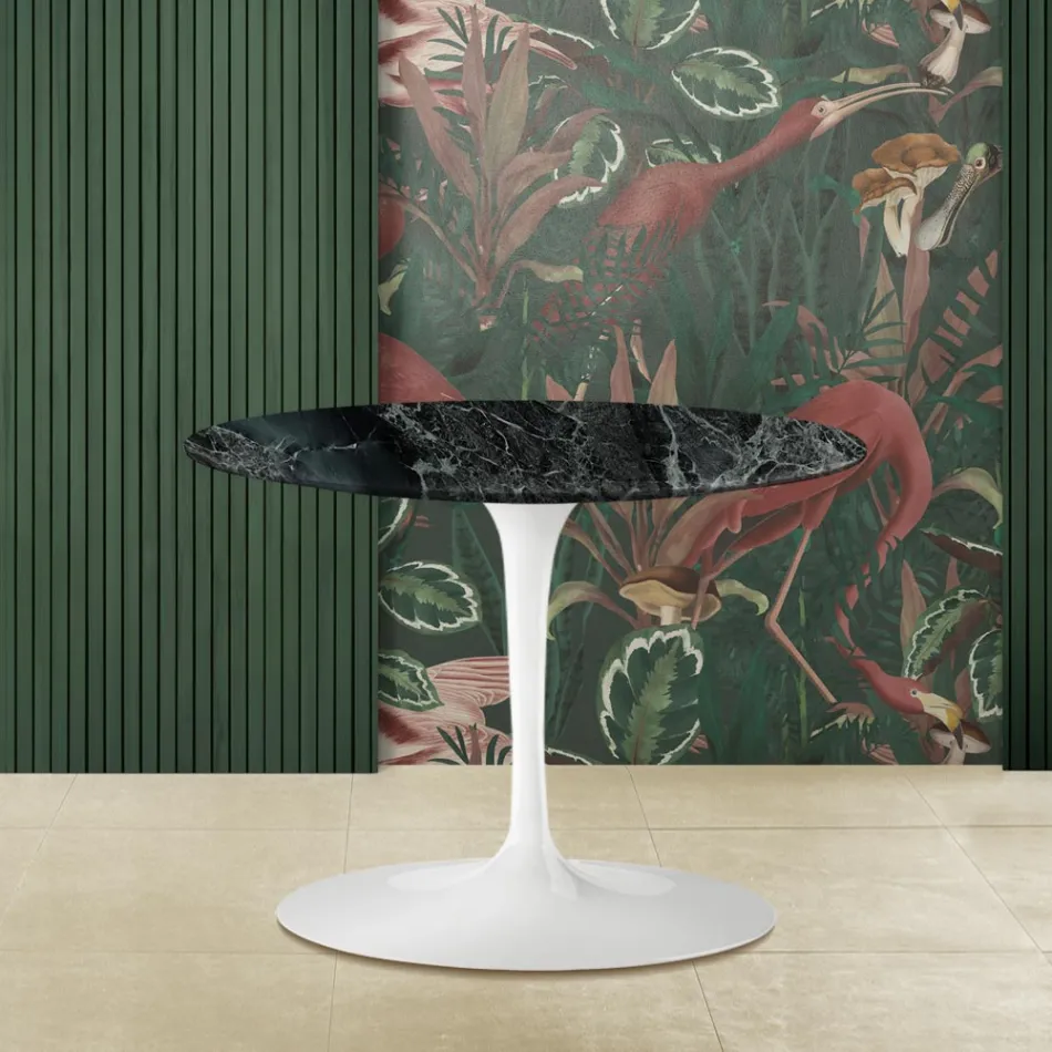 Table Basse Tulipe Eero Saarinen H 39 avec Plateau Ovale en Marbre Vert Alpi - Écarlate Viadurini