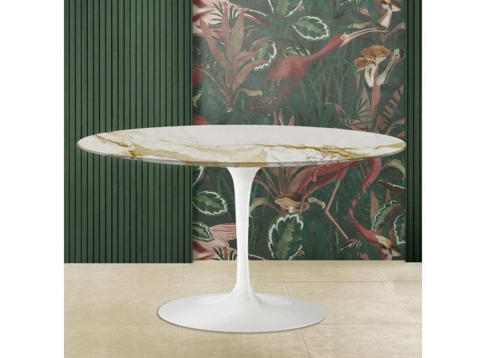 Table Basse Tulipe Eero Saarinen H 41 avec Plateau en Marbre Caracatta Doré Made in Italy - Écarlate Viadurini
