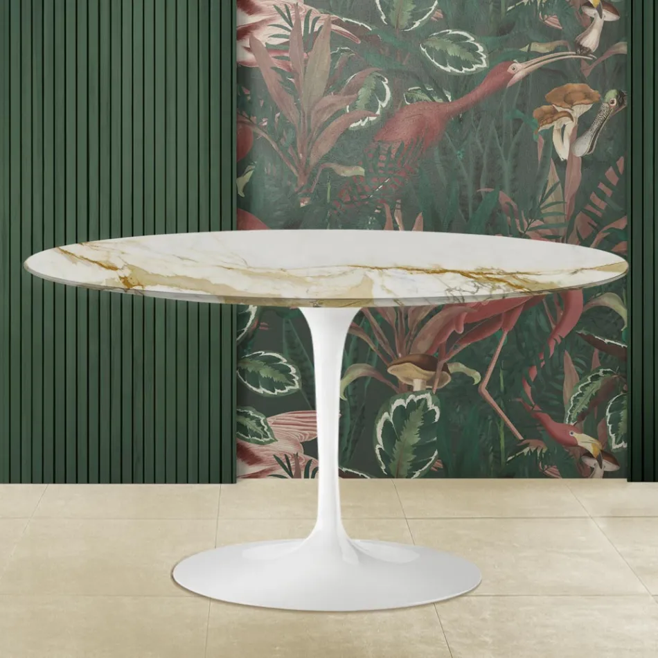 Table Basse Tulipe Eero Saarinen H 41 avec Plateau en Marbre Caracatta Doré Made in Italy - Écarlate Viadurini
