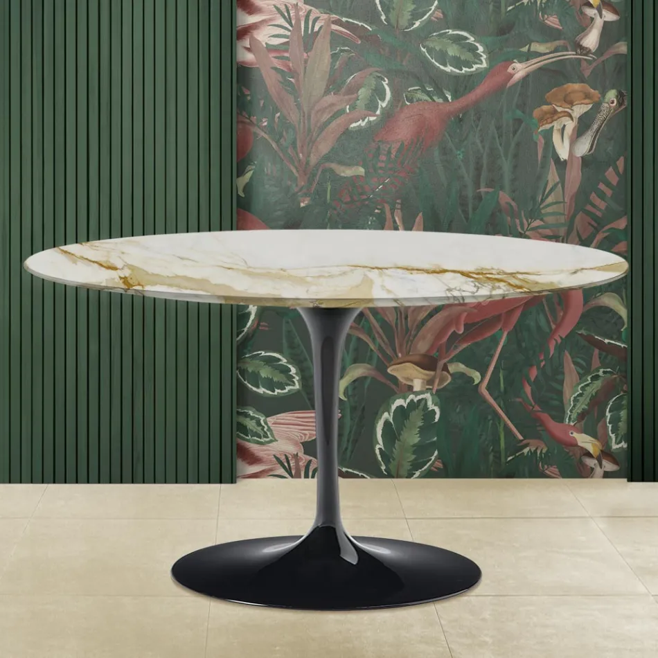 Table Basse Tulipe Eero Saarinen H 41 avec Plateau en Marbre Caracatta Doré Made in Italy - Écarlate Viadurini