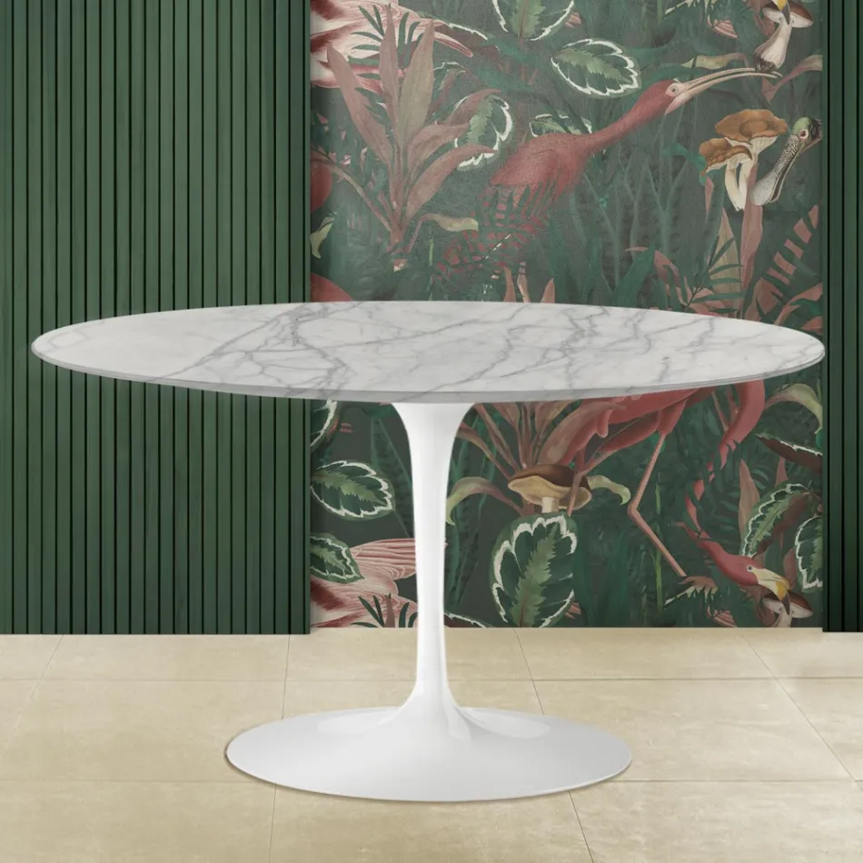 Table basse tulipe Eero Saarinen H 41 avec plateau ovale en marbre de Carrare Statuarietto Viadurini