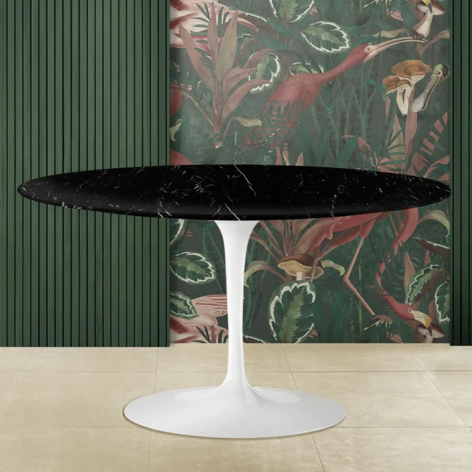 Table Basse Tulipe Eero Saarinen H 41 avec Plateau Ovale en Marbre Marquinia Noir Viadurini