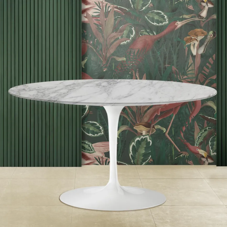 Eero Saarinen H 41 Table Basse Ovale Tulipe avec Plateau en Marbre Arabescato Fabriqué en Italie - Écarlate Viadurini
