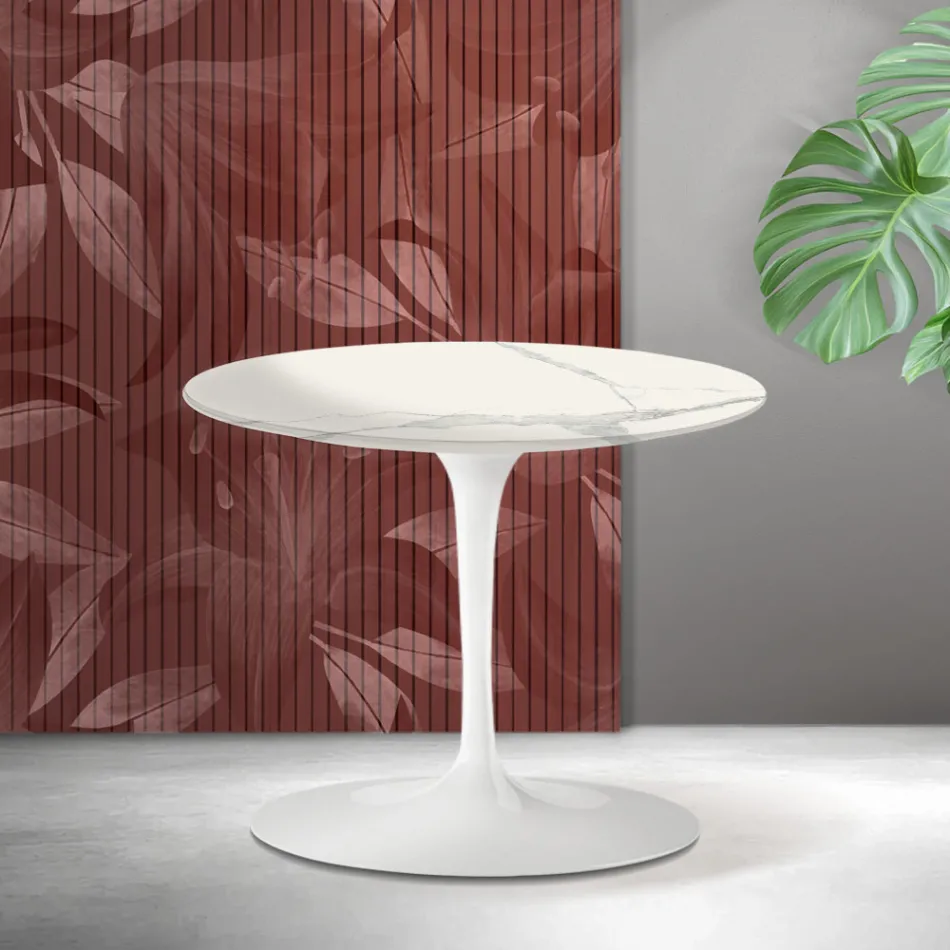 Table basse Tulipe Saarinen H 39 cm en céramique mate Florim Statuario - Écarlate Viadurini