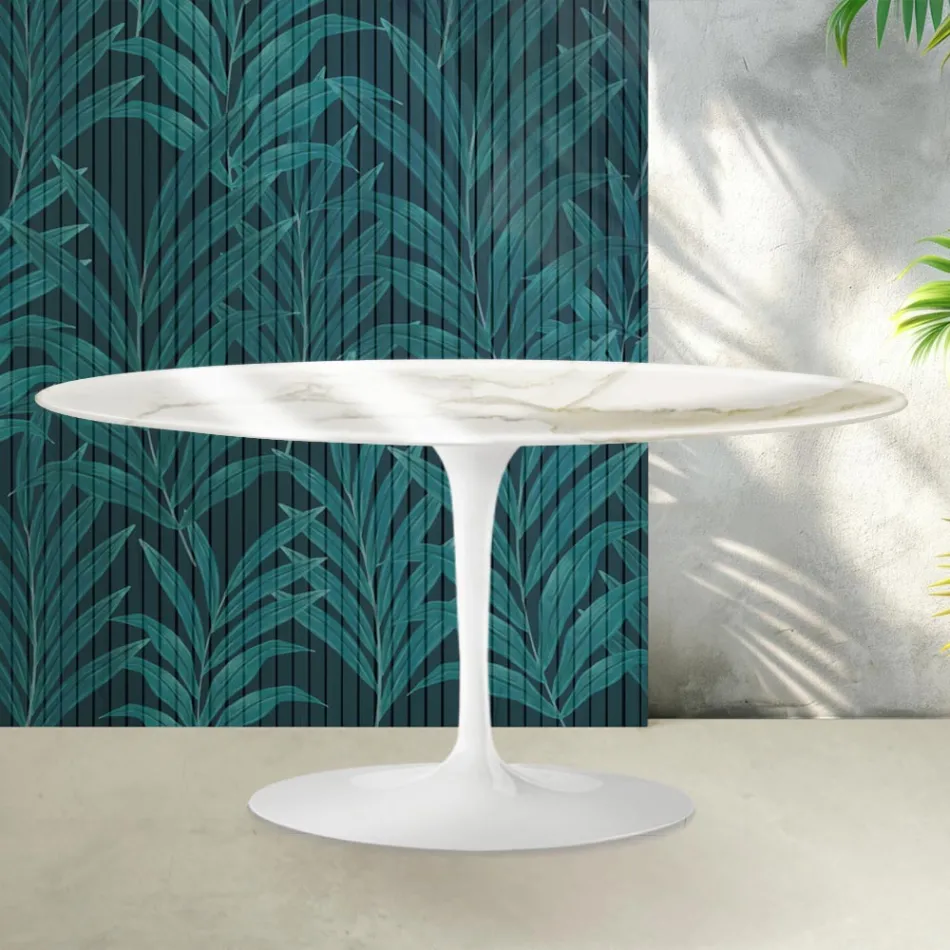 Table basse Tulipe Saarinen H 41 cm en céramique brillante Florim Calacatta Gold - Écarlate Viadurini