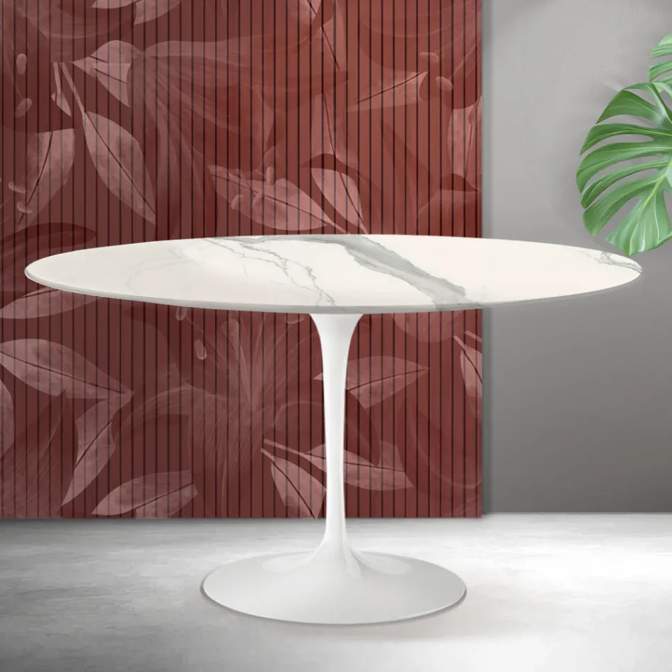 Table basse Tulipe Saarinen H 41 cm en céramique mate Florim Statuario - Écarlate Viadurini