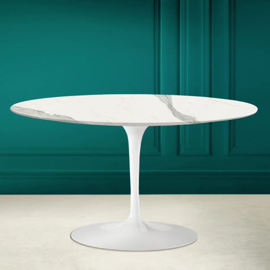Tulip Saarinen H 41 Table Basse Ovale avec Plateau en Céramique Statuaire Veine Pleine Viadurini