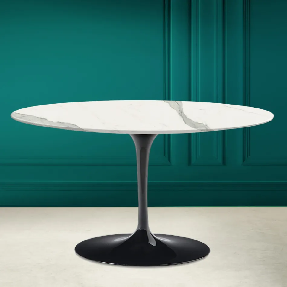 Tulip Saarinen H 41 Table Basse Ovale avec Plateau en Céramique Statuaire Veine Pleine Viadurini
