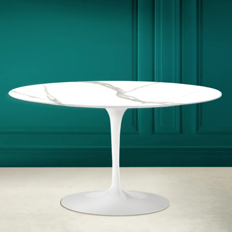 Tulip Saarinen H 41 Table Basse Ovale en Céramique Calacatta Michelangelo Viadurini