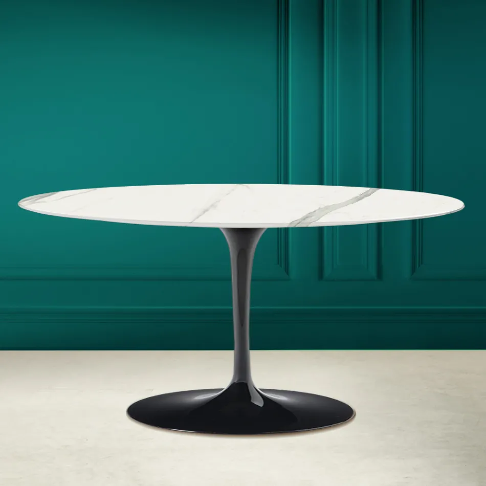 Tulip Saarinen H 41 Table Basse Ovale en Céramique Statuaire Veine Pleine Viadurini