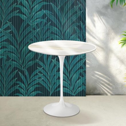 Table basse Tulip de Saarinen, hauteur 52 cm, en céramique brillante dorée Florim Calacatta - Écarlate Viadurini