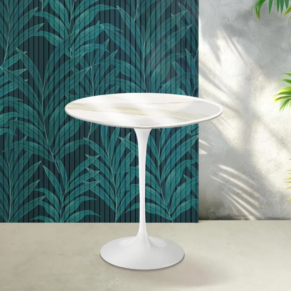 Table basse Tulip de Saarinen, hauteur 52 cm, en céramique brillante dorée Florim Calacatta - Écarlate Viadurini
