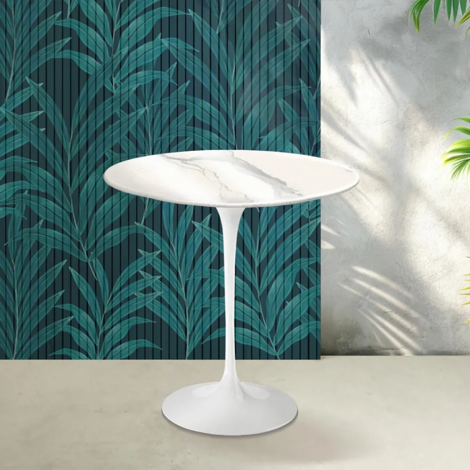 Table basse Tulipe Saarinen, hauteur 52 cm, en céramique brillante Statuario Florim - Écarlate Viadurini
