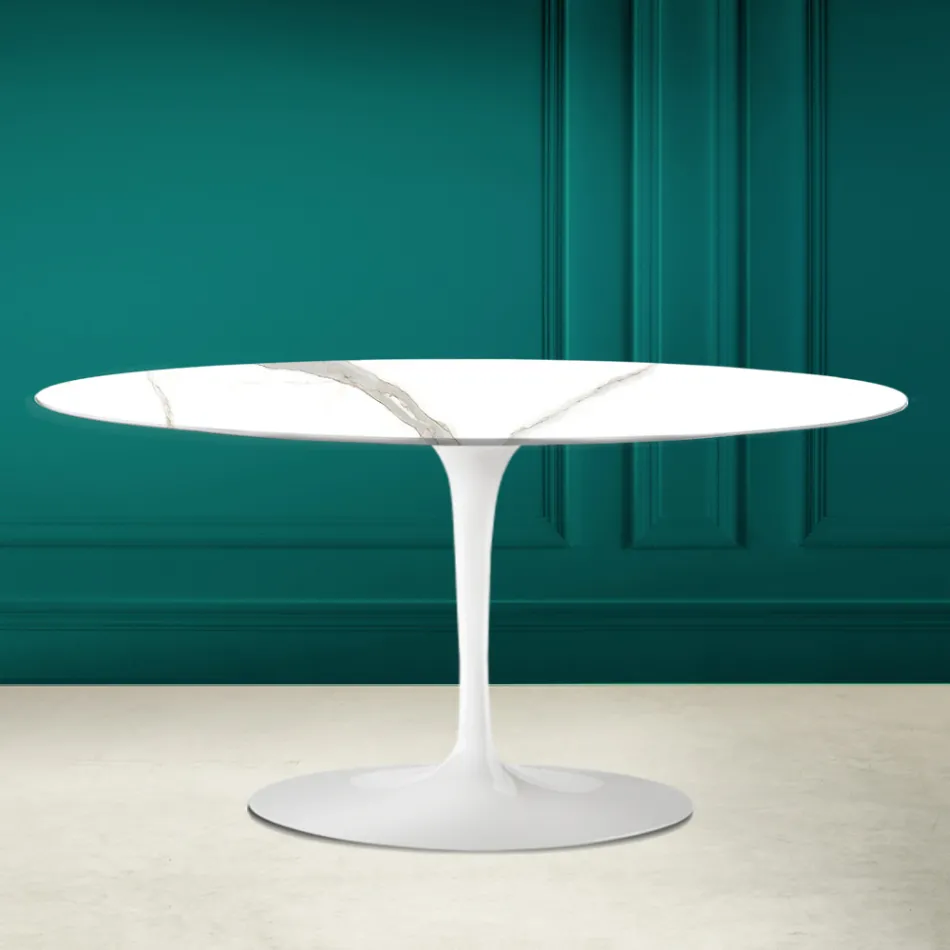 Table basse ovale Tulip Saarinen H 41 en Calacatta Michelangelo Made in Italy - Scarlet Viadurini