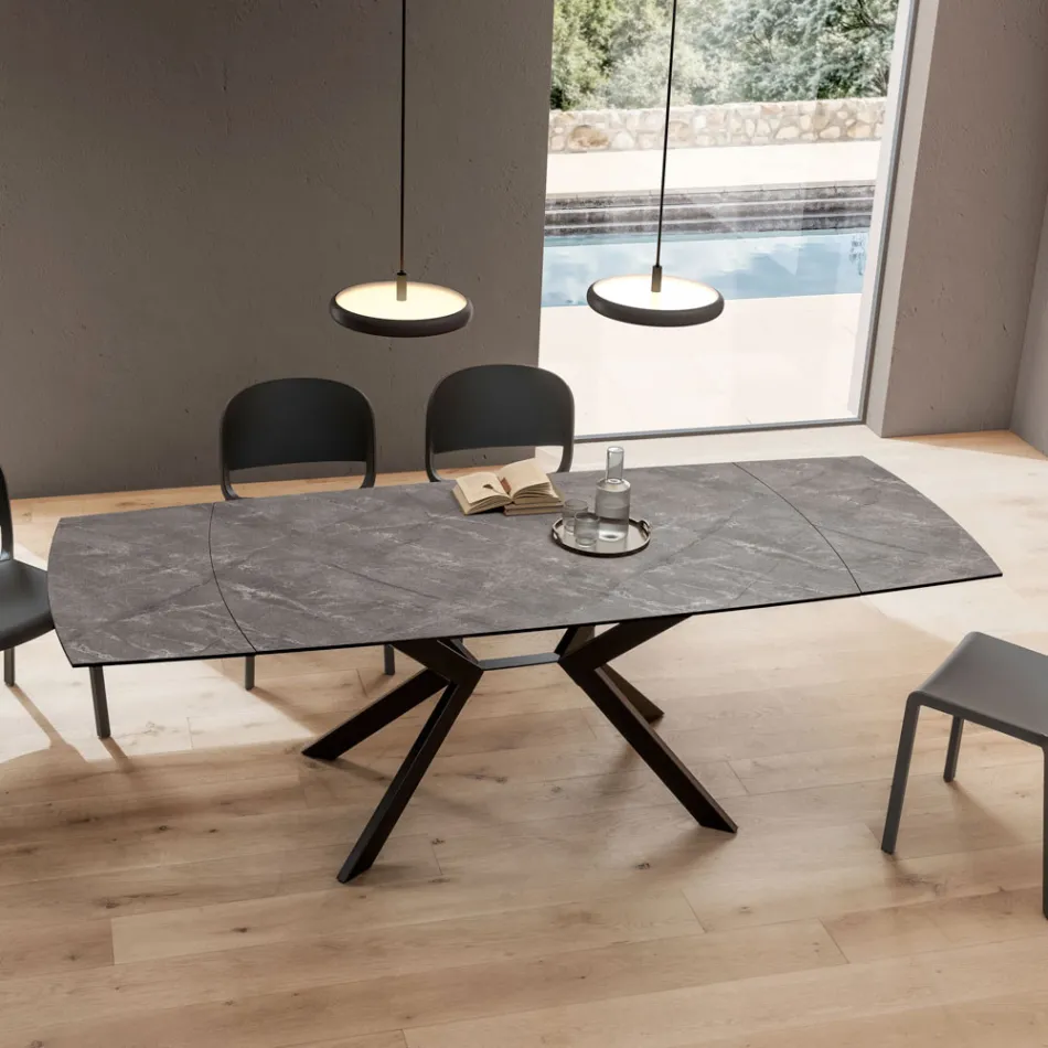 Table tonneau extensible jusqu'à 240 ou 280 cm en HPL et métal - Présent Viadurini