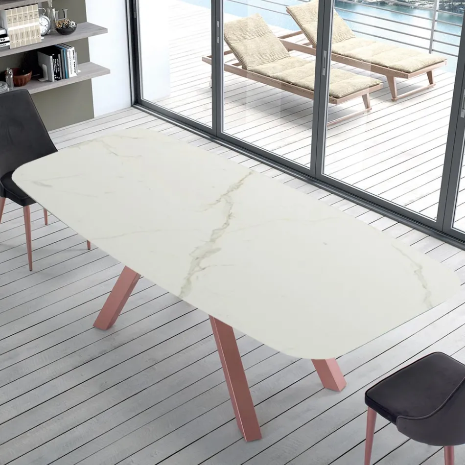 Table Tonneau Moderne en Céramique et Acier Or Rose Fabriquée en Italie – Settimmio Viadurini