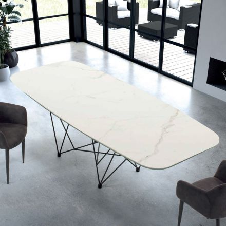 Table moderne en forme de tonneau en hypermarbre et acier fabriquée en Italie – Ezzellino Viadurini