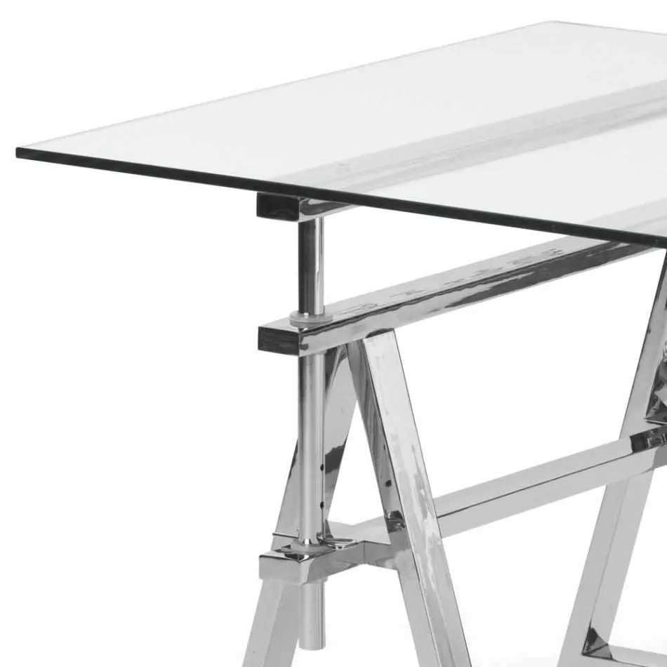 hauteur acier / verre table réglable (L190xH72 / 74 / 78xP90cm) Cristal Viadurini