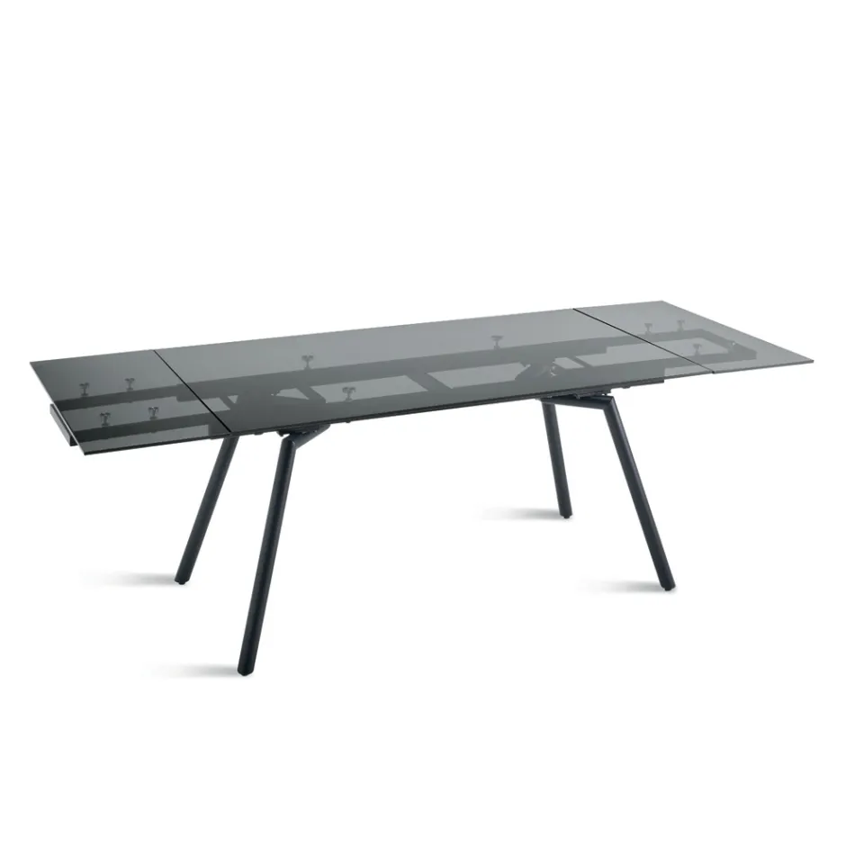 Table extensible 160/240 x 91 cm en verre fumé et piètement en métal noir - Colonne Viadurini
