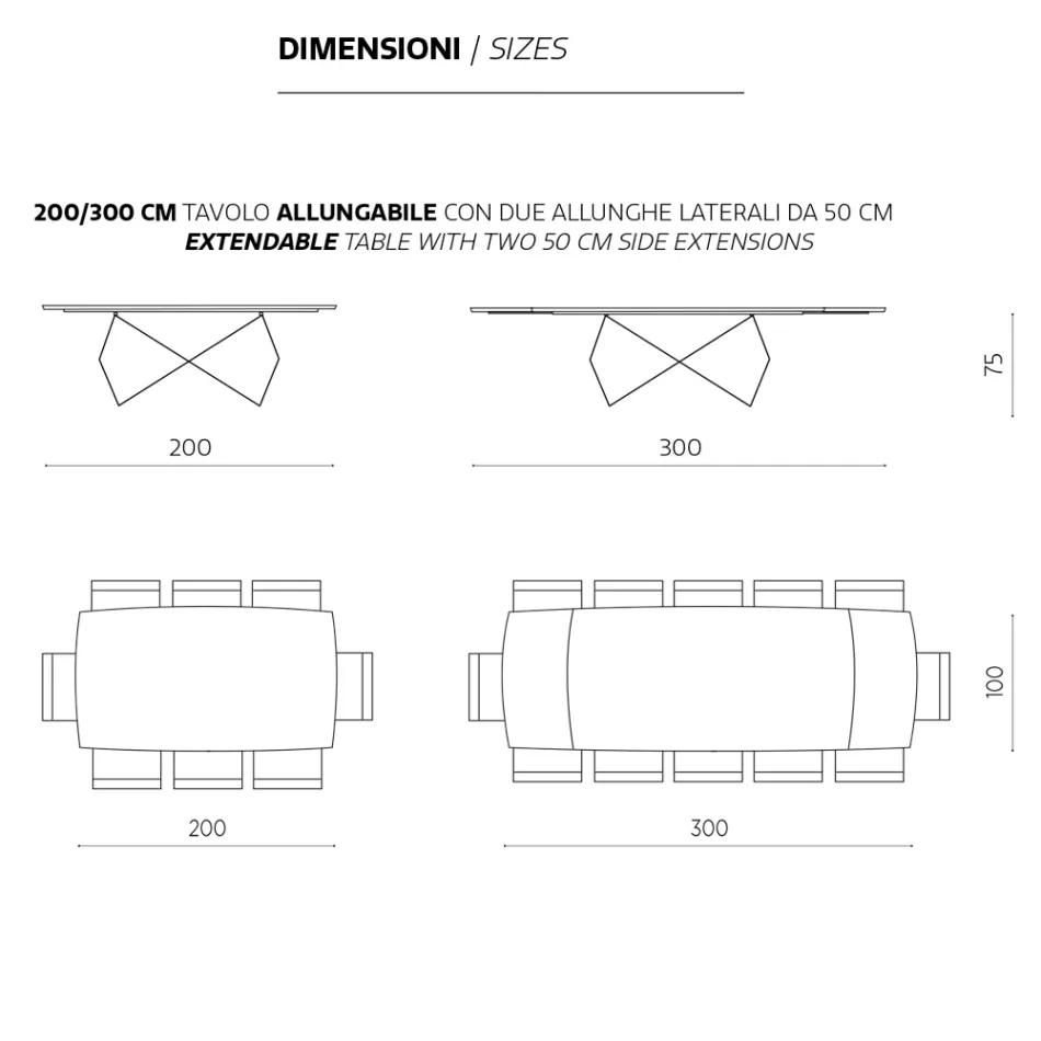 Table Extensible 200/300x100 en Placage Chêne et Métal - Cross Viadurini