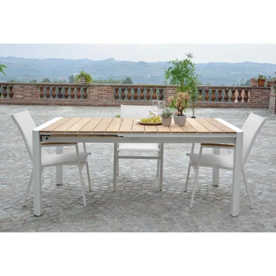Table à rallonge 240 cm en aluminium blanc et plateau en teck - Diary Viadurini