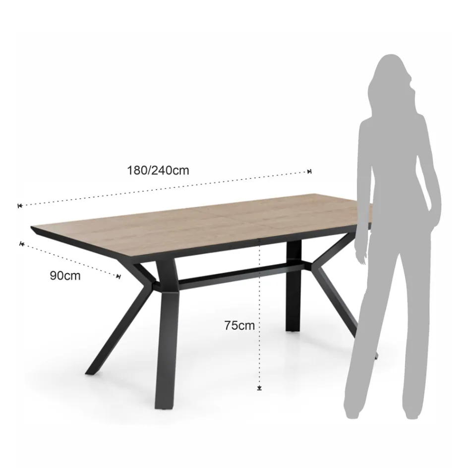 Table extensible jusqu'à 240 cm en métal noir et MDF - Donzella Viadurini