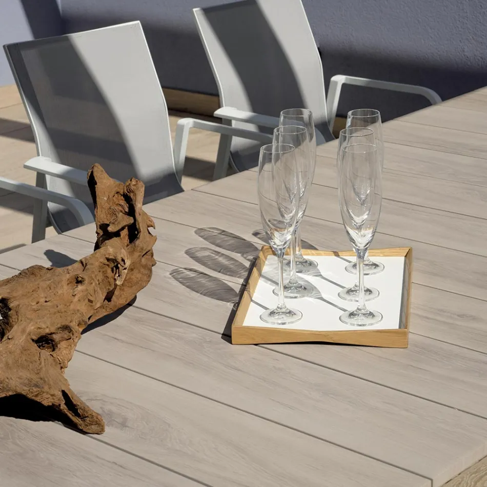 Table extensible jusqu'à 276 cm avec revêtement en aluminium effet bois - Ovara Viadurini