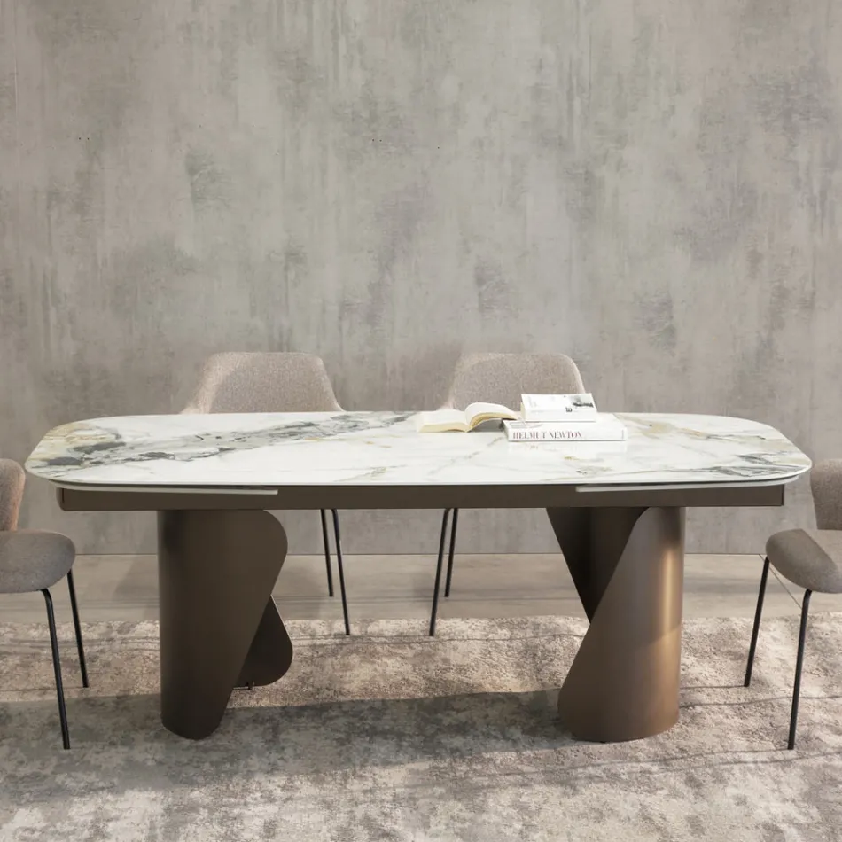 Table extensible 300 cm en métal et plateau en pierre frittée - Taviria Viadurini