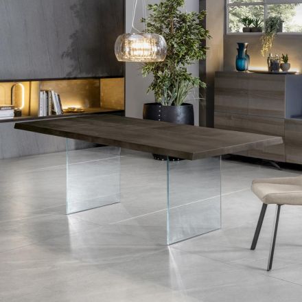 Table extensible jusqu'à 300 cm en chêne et piètement en verre trempé - Nicoall Viadurini