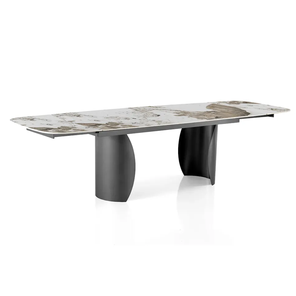 Table extensible avec base en métal et plateau en céramique finition marbre - Lombo  Viadurini