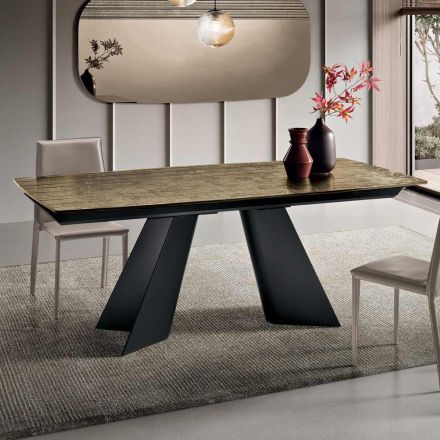 Table extensible avec piètement en métal et plateau en verre côtelé, fabriquée en Italie - Lumo Viadurini