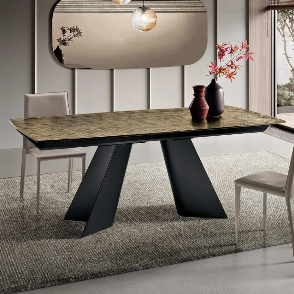 Table extensible avec piètement en métal et plateau en verre côtelé, fabriquée en Italie - Lumo Viadurini