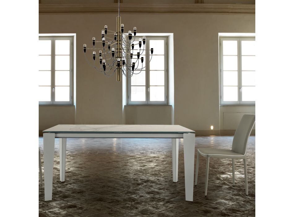 Table extensible jusqu'à 14 places en céramique et acier fabriquée en Italie – Années 70 Viadurini