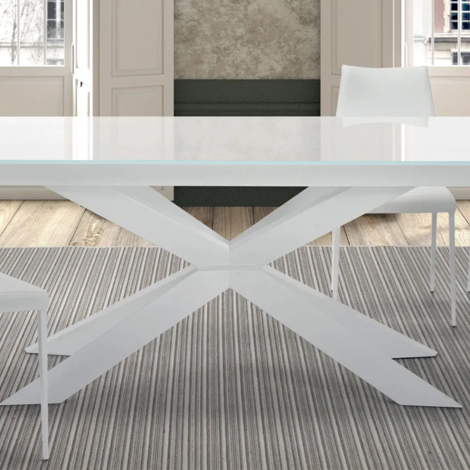 Table extensible jusqu'à 278 cm en verre et acier blanc Made in Italy - Grotta Viadurini