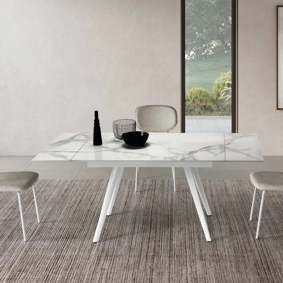 Table extensible jusqu'à 180 cm en pierre effet marbre et métal - Numa Viadurini