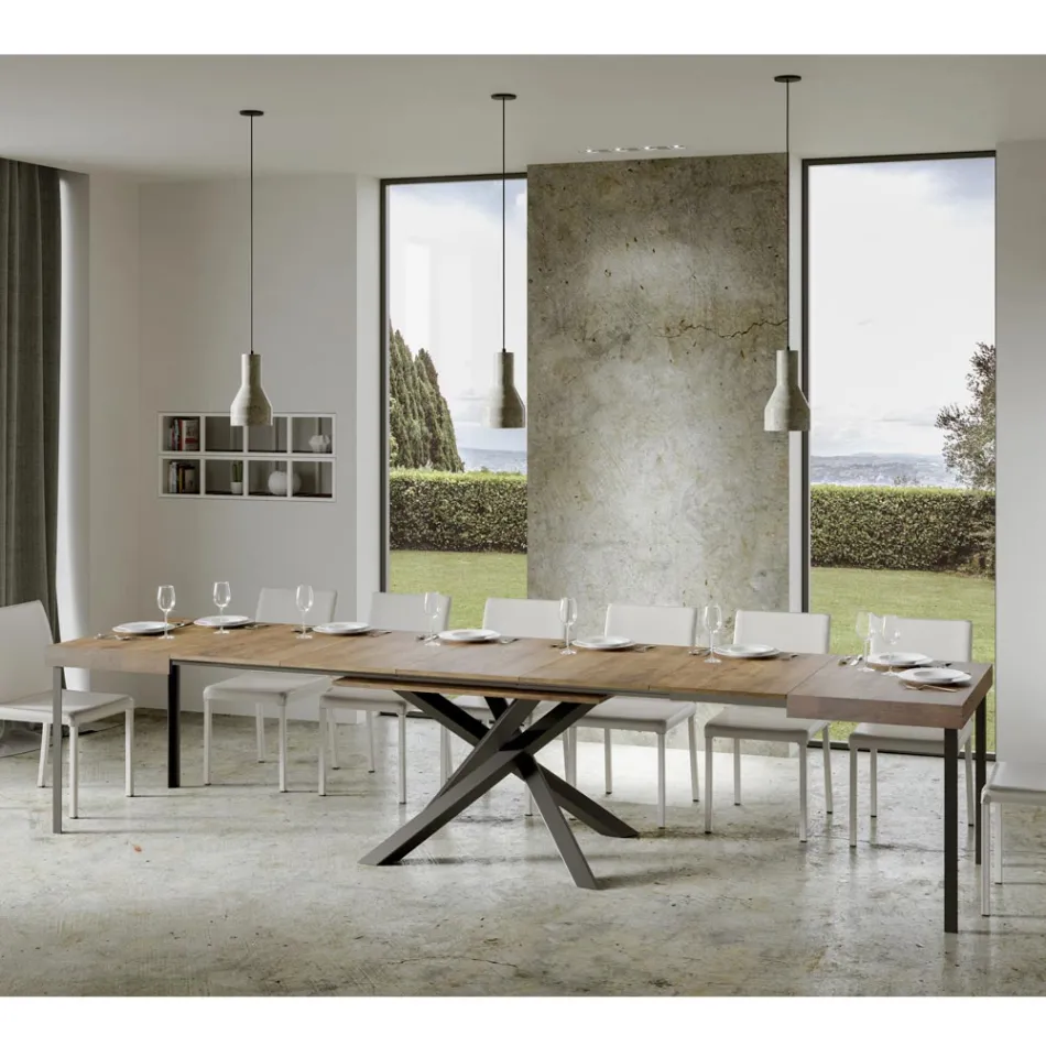 Table extensible jusqu'à 440 cm en fer anthracite et bois fabriquée en Italie - Graffo Viadurini