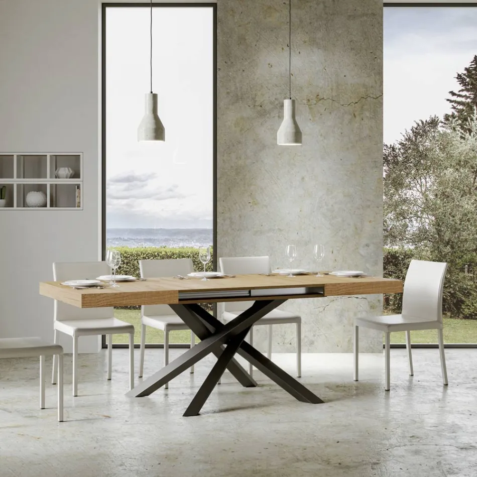 Table extensible jusqu'à 440 cm en fer anthracite et bois fabriquée en Italie - Graffo Viadurini
