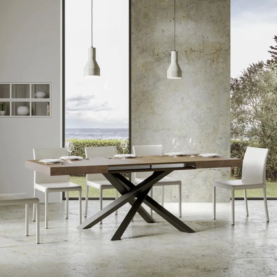 Table extensible jusqu'à 440 cm en fer anthracite et bois fabriquée en Italie - Graffo Viadurini