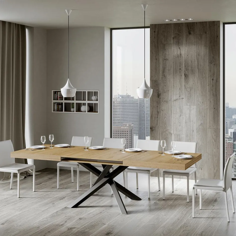 Table extensible jusqu'à 440 cm en fer anthracite et bois fabriquée en Italie - Graffo Viadurini
