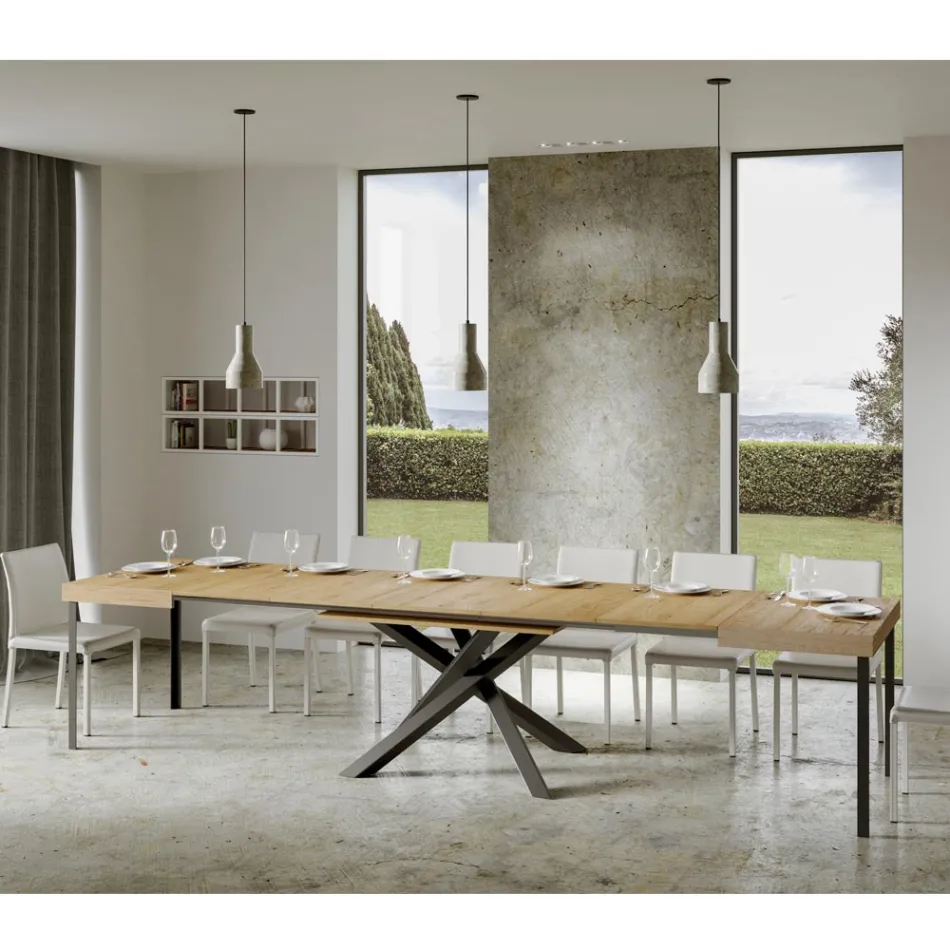Table extensible jusqu'à 440 cm en fer anthracite et bois fabriquée en Italie - Graffo Viadurini
