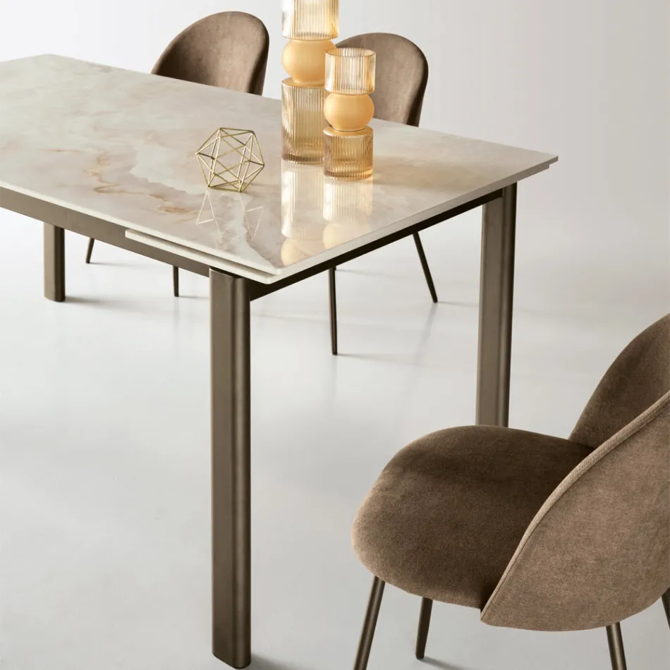 Table extensible en deux tailles, en métal et en pierre effet marbre - Morfeo Viadurini