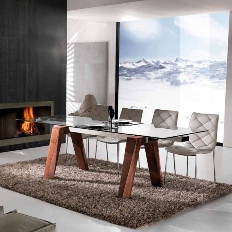Table extensible de salle à manger en bois massif et verre trempé Chad