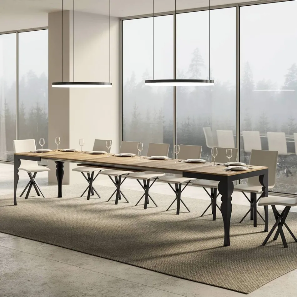 Table Extensible en Bois Mélamine et Piètement en Fer Anthracite - Sassone Viadurini