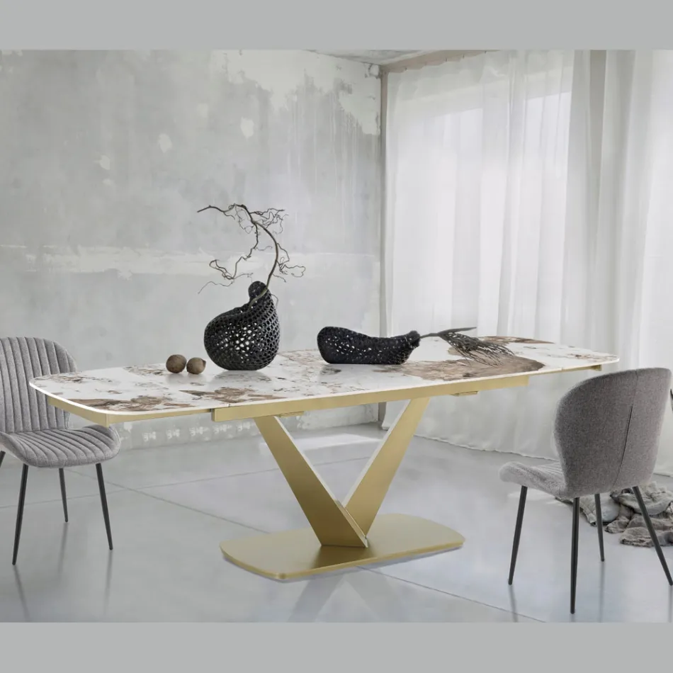 Table extensible en métal et plateau en céramique finition marbre onyx - Marche Viadurini
