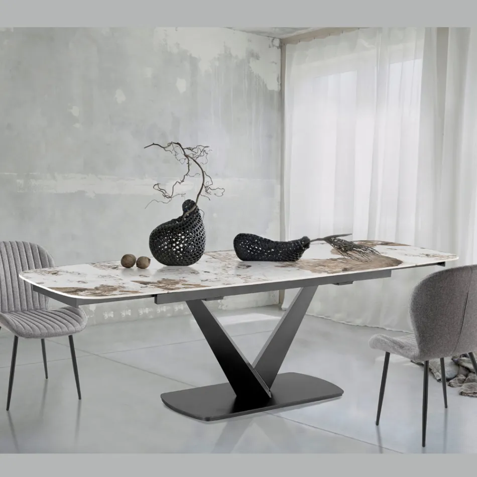 Table extensible en métal et plateau en céramique finition marbre onyx - Marche Viadurini