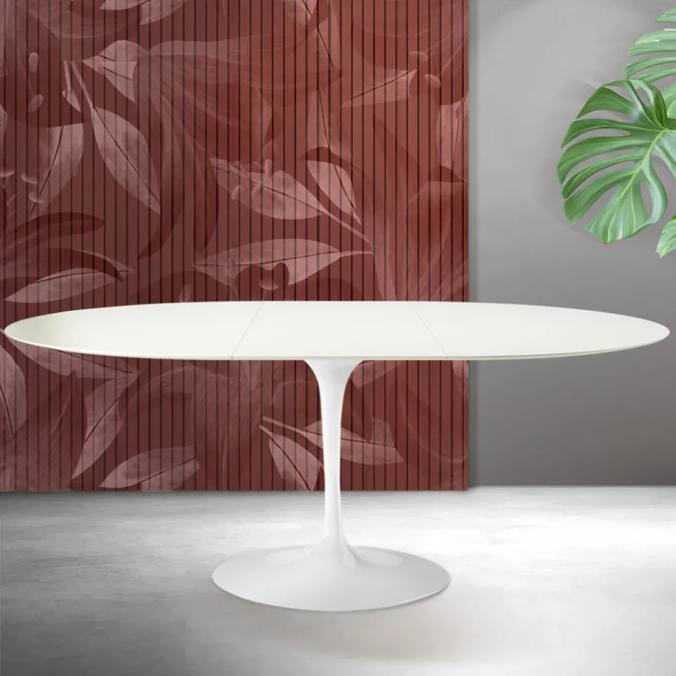 Table extensible Tulip de Saarinen, hauteur 74 cm, en céramique Florim blanche et écarlate. Viadurini