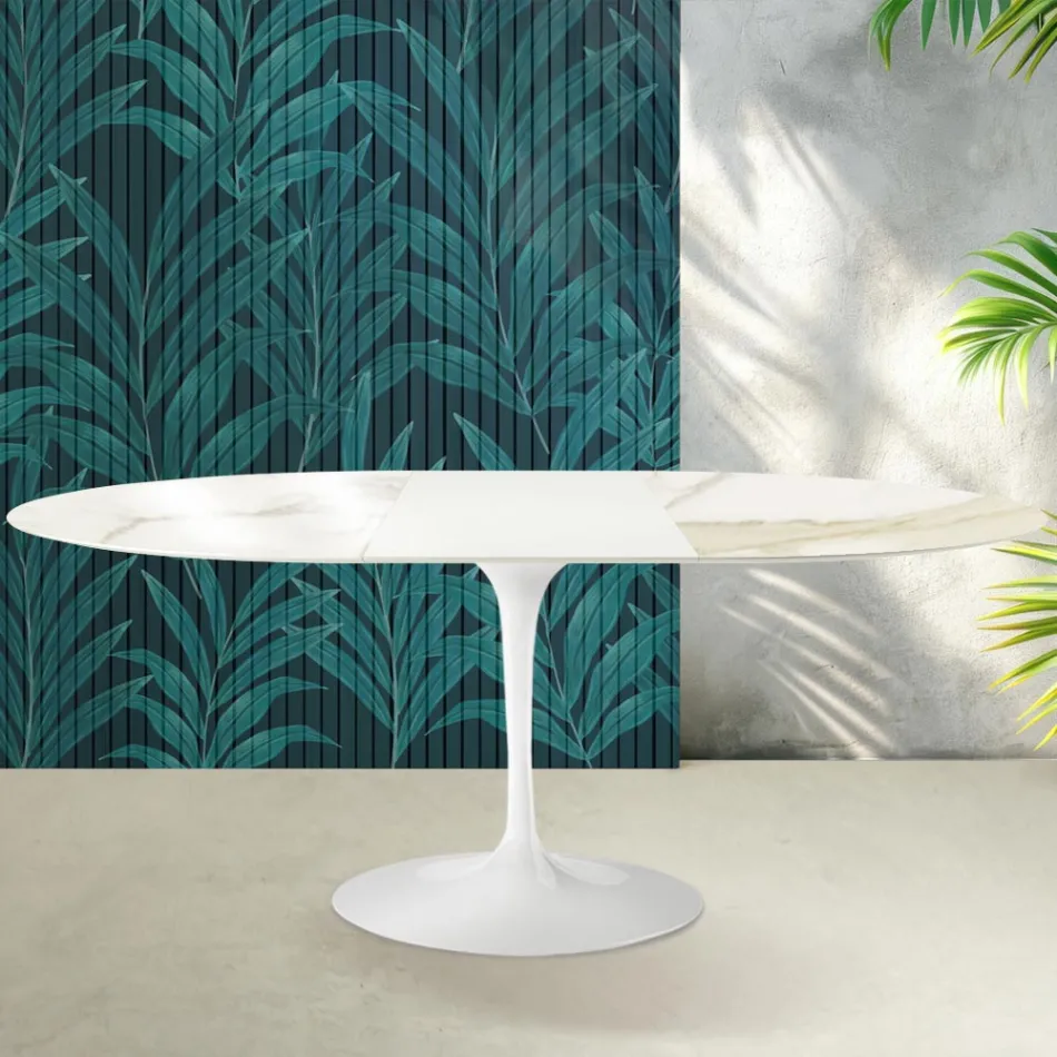 Table extensible Tulip de Saarinen, hauteur 74 cm, en céramique brillante Florim Calacatta Gold - Écarlate Viadurini