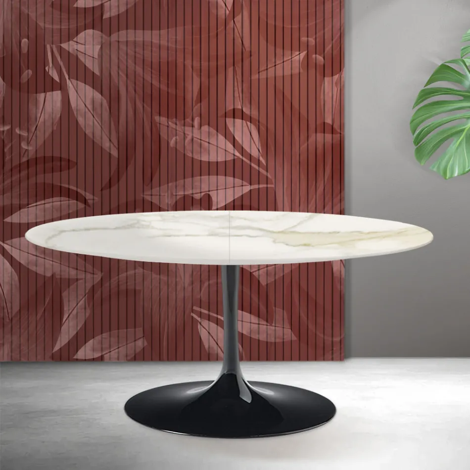 Table extensible Tulip de Saarinen, hauteur 74 cm, en céramique mate Florim Calacatta Gold - Écarlate Viadurini
