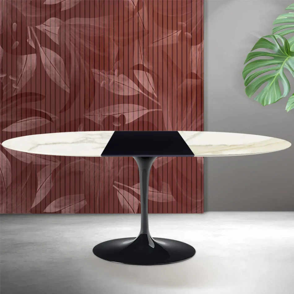 Table extensible Tulip de Saarinen, hauteur 74 cm, en céramique mate Florim Calacatta Gold - Écarlate Viadurini